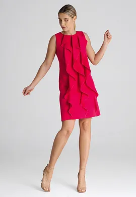 Trapezowa sukienka elegancka z falbankami fuksja M1002 rozmiar L
