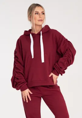 Bluza damska z kapturem - Bluza z bufiastymi rękawami - Bluza bordowa M1055 rozmiar L