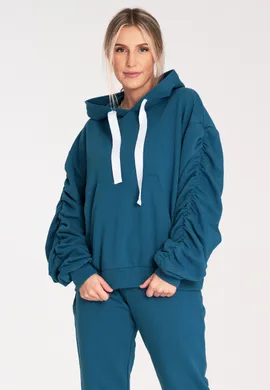 Bluza damska z kapturem - Bluza z bufiastymi rękawami - Bluza niebieska M1055 rozmiar L