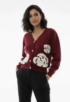 Kardigan w kwiaty 3d - Krótki sweter kardigan - Bordowy kardigan M1275 r. L
