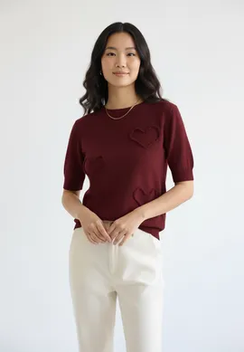 Sweter w serduszka damski - Sweter damski z krótkim rękawem - Bordowy M1278 r. L